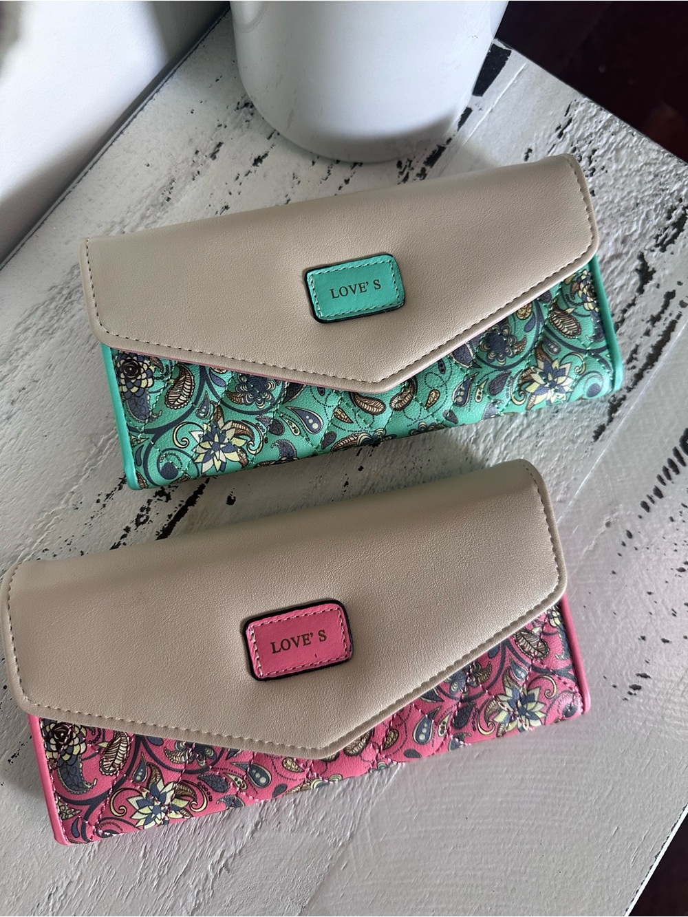 Love’s Floral Wallet Clutches in Beige with Mint and Pink Trim
